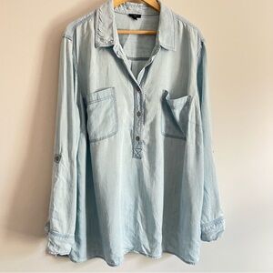Talbots Chambray Denim Top Womens Size 3X Blue Long Sleeve Roll Tab